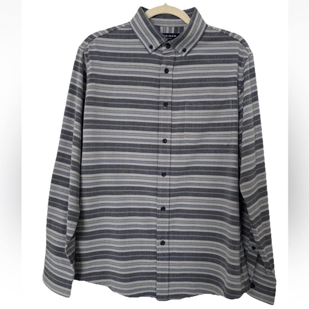 Mizzen + Main Mens Grey Multi-Striped Medium Trim, Long Sleeve Button Shirt, EUC